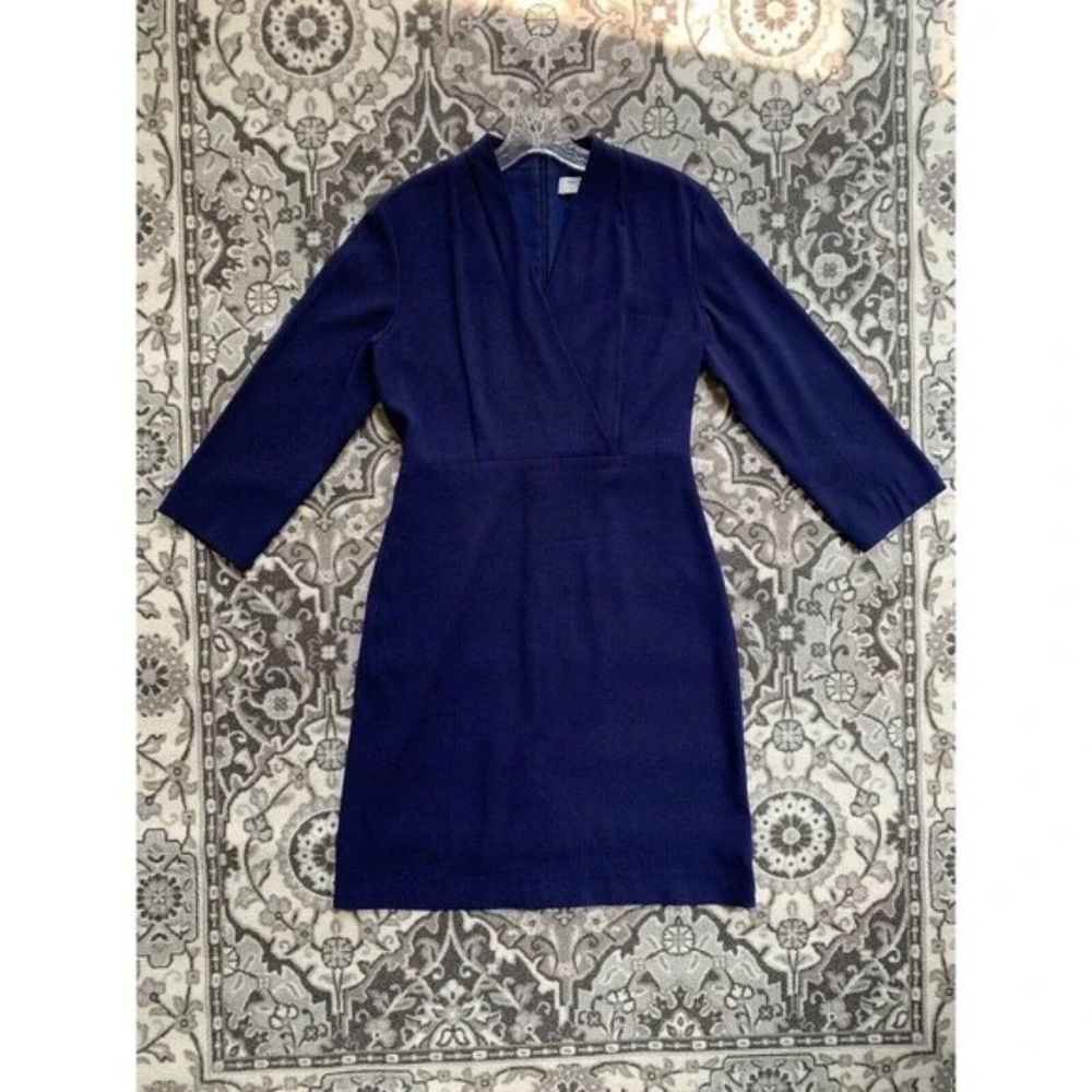 M.M. LAFLEUR NIKO 2.0 Faux Wrap Sheath Dress 10 Blue Lined 3/4 Sleeves V Neck